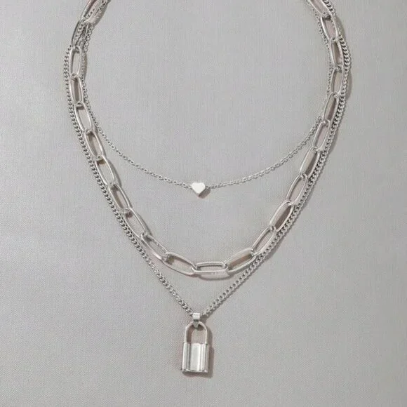 Sterling Silver 3-Layer Chain Necklace | Heart & Lock Pendant - Picture 2 of 4